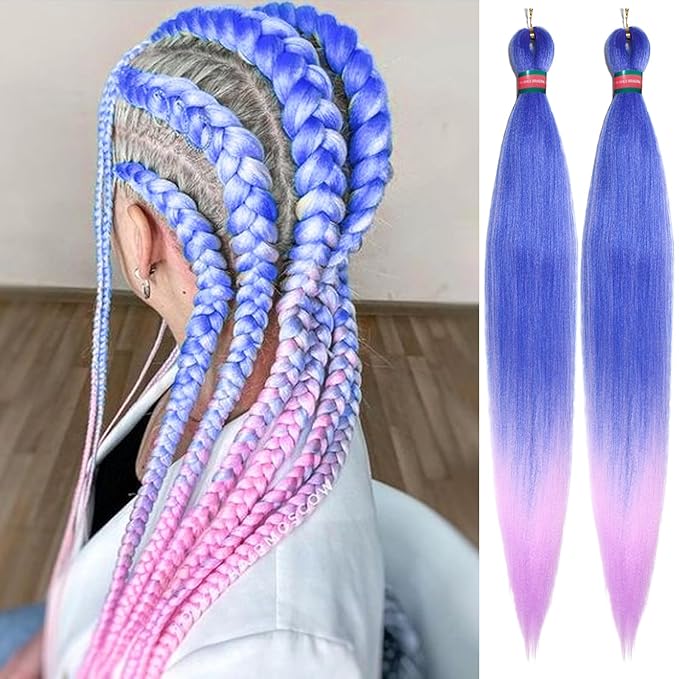 Ombre Blue Light Purple Pre stretched Braiding Hair 2 Packs Pre feathered Braid Hair Extensions 30 Inches Hair Braids