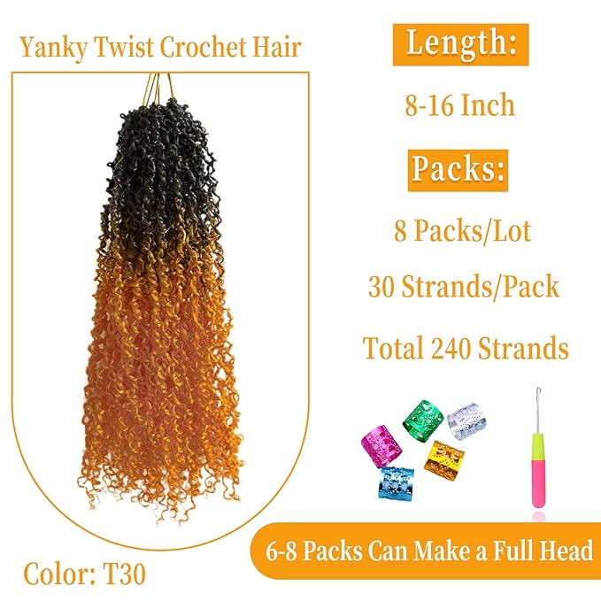 8 Inch Pre-Looped Yanky Twist Crochet Hair, 30 Strands/Pc, Mini Passion Twists, Senegalese Braiding Hair (OT1150, 8 Pcs/Pack)