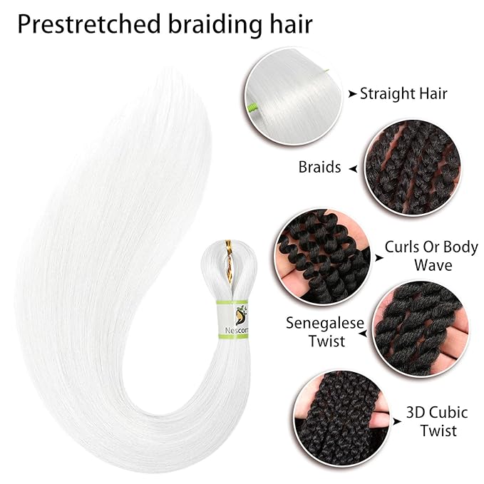 Pre Stretched Braiding Hair With Yaki Texture, Professional Hair Extension for Corochet Braid (White, 24inch（pack of 8）)