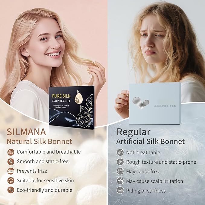 Silk Bonnet for Sleeping Women, 22 Momme 100% Mulberry Silk Sleep Cap with 2 Matching Silk Scrunchies, Double-Sided Wearable Hair Bonnet for Night Hair Care and All Hair Types - Light Gold