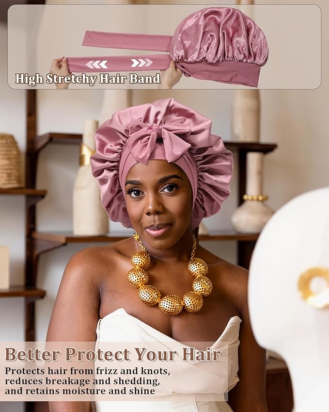 Reversible Satin Bonnet for Sleeping Women Double Layer Hair Bonnet with 2PCS Hair Scrunchies Elastic Tie Band Night Cap
