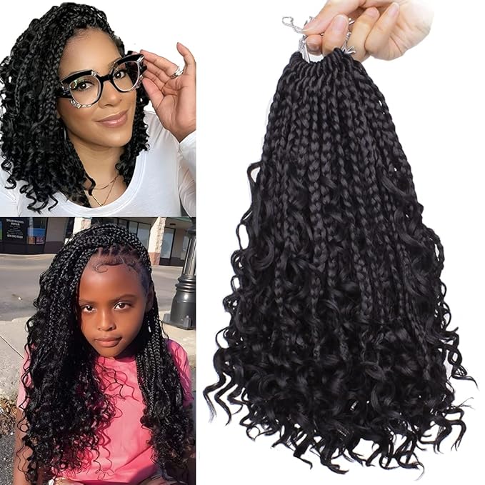 Beverlee 10 Inch 8 Packs Boho Box Braids Goddess Box Braids Crochet Hair Bohemian Hippie Braids Braiding Hair Box Braids with Curly Ends Messy Pre-looped Synthetic Kids Crochet Hair for Black Women
