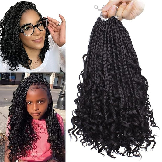 Beverlee 10 Inch 8 Packs Boho Box Braids Goddess Box Braids Crochet Hair Bohemian Hippie Braids Braiding Hair Box Braids with Curly Ends Messy Pre-looped Synthetic Kids Crochet Hair for Black Women