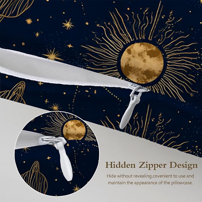 1 Pack Satin Pillowcase for Hair and Skin Golden Sun Moon and Planets Imitation Silk Pillowcase with Hidden Zipper Soft Breathable Pillow Cover Standard Size for Bedroom Sofa 20”x26”