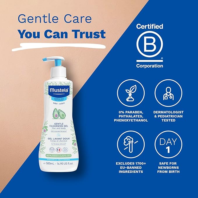Mustela Baby Gentle Cleansing Gel - Baby Hair & Body Wash - with Natural Avocado fortified with Vitamin B5 - Biodegradable Formula & Tear-Free â€“ 16.90 fl. oz. (Pack of 1)