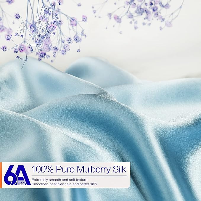 100% Mulberry Silk Pillowcase for Hair and Skin, 22 Momme Pure Natural Silk Pillow Case Both Sided with Zipper, Pillow Cover for Women Mom Men (Airy Blue, King 20''×40'', 1 Pack)