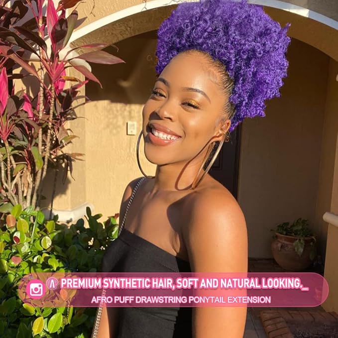 rosmile Afro Puff Drawstring Ponytail Extension for Black Women, Premium Purple 80 Gram Short Synthetic Afro Puff Ponytail for Natural Hair, Clip on Kinky Drawstring Curly Ponytail Bun