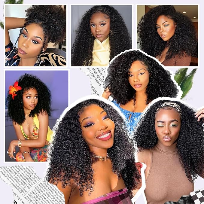 Ali Grace Kinky Curly Half Wig Human Hair 250% Density 3 In 1 Drawstring Seamless Flip Over Half Wigs For Women Glueless Wigs Beginner Friendly Half Curly Human Hair Wig 22 Inch (Black, 22inch)