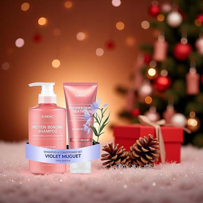 KUNDAL Protein Bonding Shampoo and Conditioner Set [Violet Muguet] - Korean Hair Care, Damage Repair, Frizz Control, Heat Protection, 16.9fl oz/ 6.76fl oz (Pack of 2), Stocking Stuffers