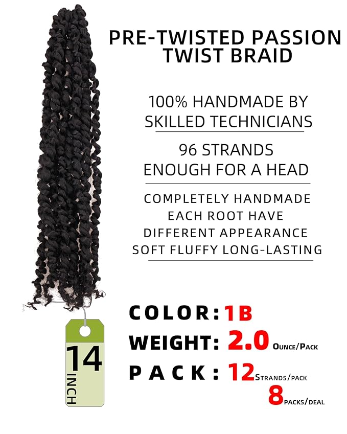 14 Inches 8 Packs Passion Twist Crochet Hair-Pre-twisted Passion Twists,Pre-Looped Crochet Braids Made Of Bohemian Hair Synthetic Braiding Hair Extensions (14 Inch(Pack of 8), 1B)