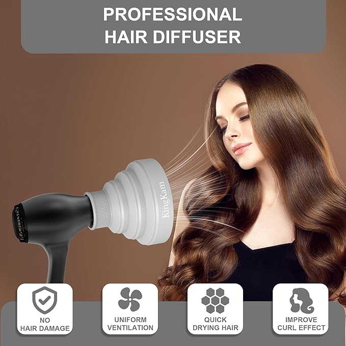 Collapsible Silicone Hair Dryer Diffuser - Travel and Easy Storage - Fit Most Hair Dryers with Nozzle Diameter D-1.575Inch to 1.968 Inch (4-5cm) - Gray