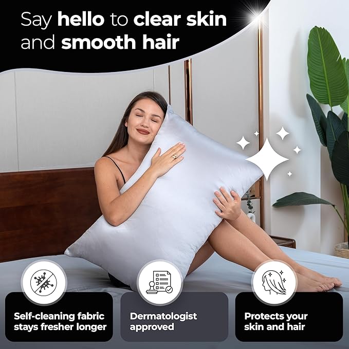 Silver Infused Satin Pillowcases Set – 2 Pack Silky Soft Cooling Pillow Cases with Self-Cleaning Silvery Technology™ for Hygienic Sleep – Better Than Silk for Hair and Skin, Size Queen 20x30”