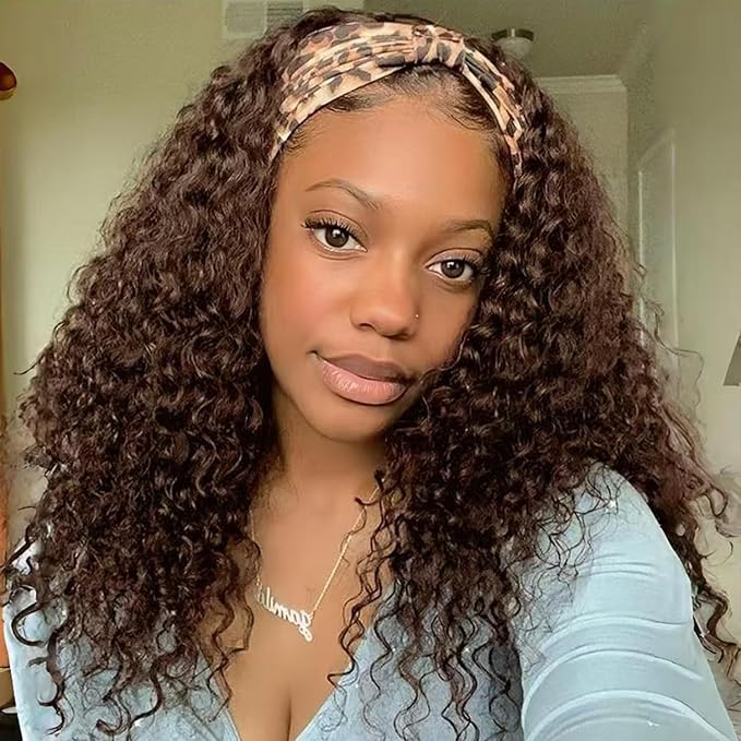 SENSAIRUITE Chocolate Brown Headband Wig Human Hair 16 Inch Deep Wave Curly None Lace Front Wigs for Black Women 180% Density Wear and Go Glueless Wig