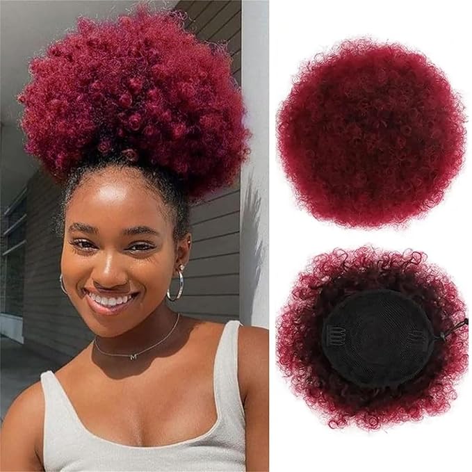 Afro Puff Ponytail Drawstring, 99J Burgundy Short Wigs 6 Inch Remy Human Hair Afro Puff Ponytail Wigs Kinkys Curly Hair Clip Extensions Hairpieces 12A Brazilian Virgin Human Hair for Women Girls Kids