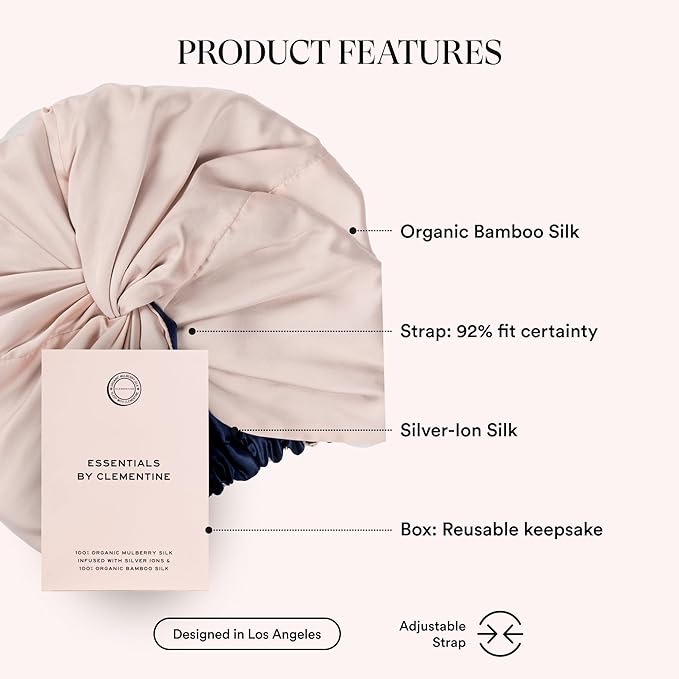 Essentials by Clementine Organic Hair Bonnet in Ballet Pink | Silver Ion Silk Lined Bamboo Sleep Cap for Frizz-Free, Curly Hair, and Scalp Health
