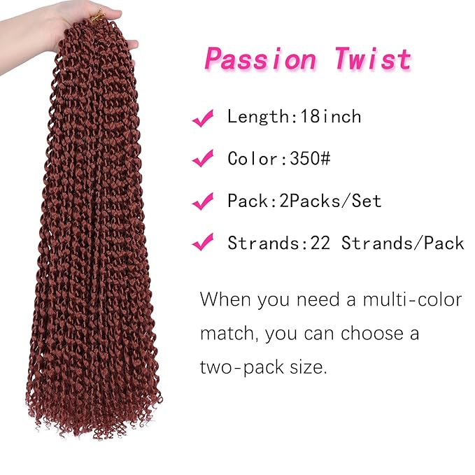 Ubeleco Copper Red Passion Twist Hair, 350# Water Wave Crochet Hair 18 Inch Passion Twist Crochet Hair 22 Strands/Pack Bohemian Synthetic Curly Braiding Hair Extensions (18 Inch (Pack of 2), 350#)