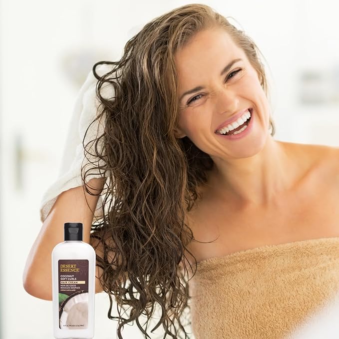 Desert Essence Coconut Soft Curls Hair Cream - Botanically-Based Curl Cream for Curly Hair - Silicone-Free - Hydrating with Coconut Oil, Black Oat Extract - Vegan, Gluten-Free, Cruelty-Free, 6.4 oz