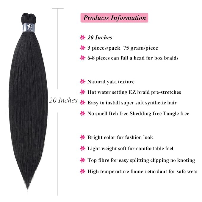 1b Black Kids Braiding Hair Pre Stretched Ez Synthetic Hair for Braiding Black Women Non Toxic Hypoallergenic Knotless Braids Hair Extensions 20 Inch 3 Packs
