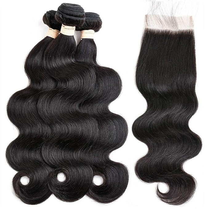 Body Wave human hair Bundles with Closure Brazilian Virgin Hair 10A Unprocessed 3 Bundles with Closure Body Wave Human Hair (10 12 14+10 Free Part Closure)