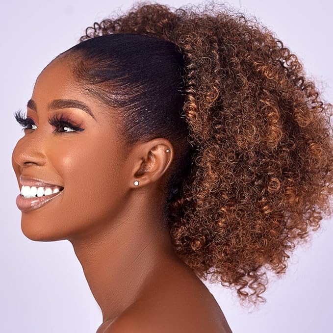 Afro Puff kinky curly Drawstring Ponytail Extension for Black Women Synthetic Short Afro Kinkys Curly Afro Bun Extension Hairpieces Updo Hair Extensions with Two Clips(1B) (18inch, T30#)