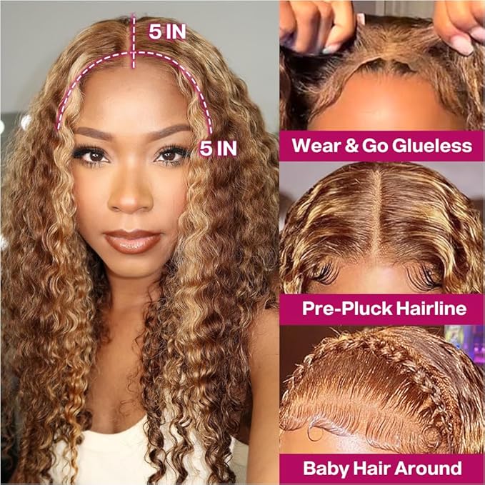 Curly Bob Wig Human Hair Deep Wave Glueless Wigs Human Hair Pre Plucked Pre Cut 5x5 Wear And Go HD Lace Closure Wigs Human Hair For Black Women 200% Density Highlight Color 18 Inch