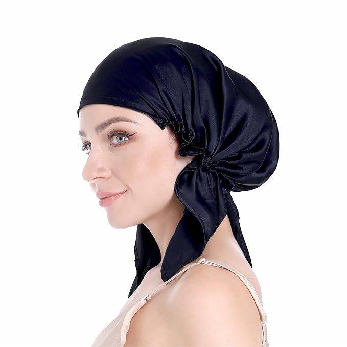 100% Silk Bonnet for Sleeping, Large Silk Sleep Cap with Tie Band for Curly Hair, Navy 19 Momme