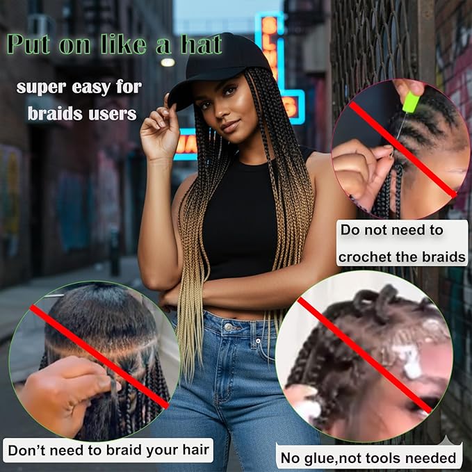 Hat Wig for Women Baseball Cap with Braided Hair Attached 24inch long Synthetic Box Braid Wig Hat Adjustable Cap with ombre black brown blonde Braids for Daily Outdoor Use (B-1B/27/613)