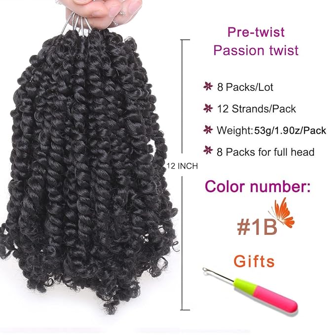 ZRQ Short 8 Packs Pre-twisted Bob Passion Twist Crochet Hair with Curly Ends 12 Inch Pre looped Black Passion Twists Hair 12 Roots/Pack Synthetic Bohemian Crochet Braids Hair for Black Women 1B#
