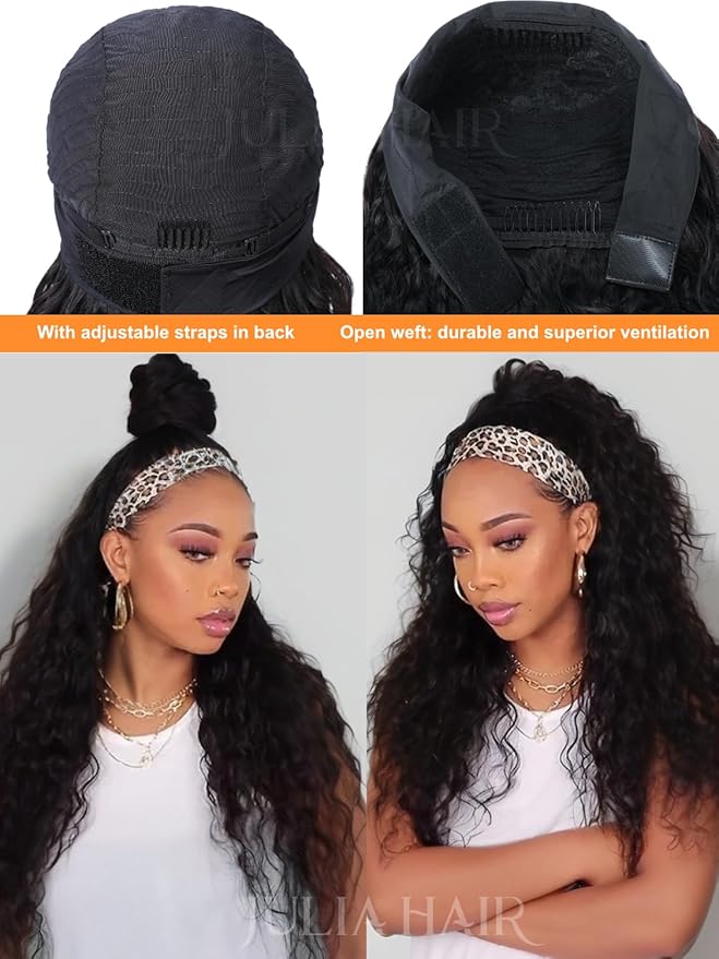Julia Hair 12A Headband Human Hair Wigs Water Wave None Lace Front Glueless Wig With Pre-attached Scarf for Black Women Curly Deep Wave Put and Go Wig Natural Beginner-Friendly 24 Inch