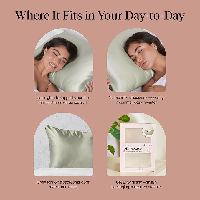 Kitsch Satin Pillowcase with Zipper for Hair & Skin, Softer Than Silk Pillow Cases Queen, Wrinkle-Free, Smooth and Cooling Satin Pillow Covers, Standard Size 19"x26" - Sage