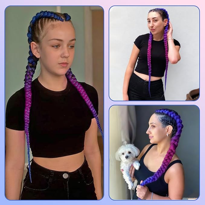 Ombre Blue-Rose Pre stretched Braiding Hair 2 Packs Pre feathered Braid Hair Extensions 30 Inches Synehetic Hair Braids