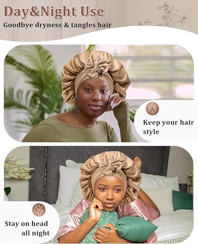 Reversible Satin Bonnet for Sleeping Women Double Layer Hair Bonnet with 2PCS Hair Scrunchies Elastic Tie Band Night Cap