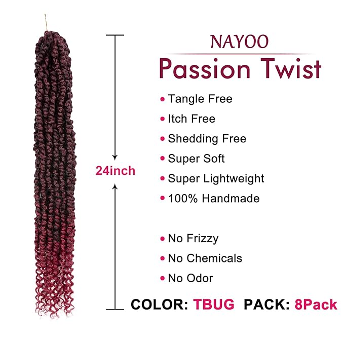 Passion Twist Hair - 8 Packs 24 Inch Passion Twist Crochet Hair For Black Women, Crochet Pretwisted Curly Hair Passion Twists Synthetic Braiding Hair Extensions (24 Inch 8 Packs, TBUG)