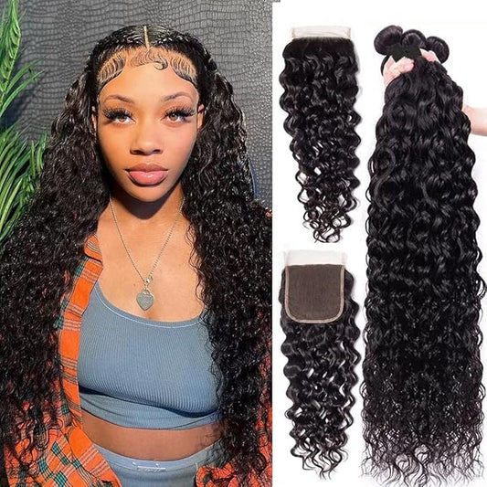 Water Wave Bundles with Closure Human Hair(20 22 24+18,Free Part)12A Brazilian Virgin Hair Bundles and Closure 100% Unprocessed Ocean Wave Human Hair Natural Color