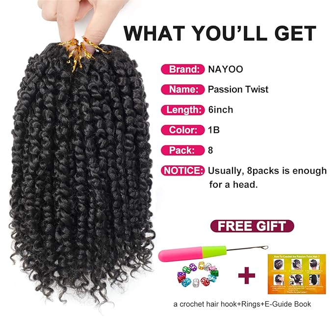 Passion Twist Hair - 8 Packs 6 Inch Passion Twist Crochet Hair For Black Women, Crochet Pretwisted Curly Hair Passion Twists Synthetic Braiding Hair Extensions(6 Inch 8 Packs, 1B)