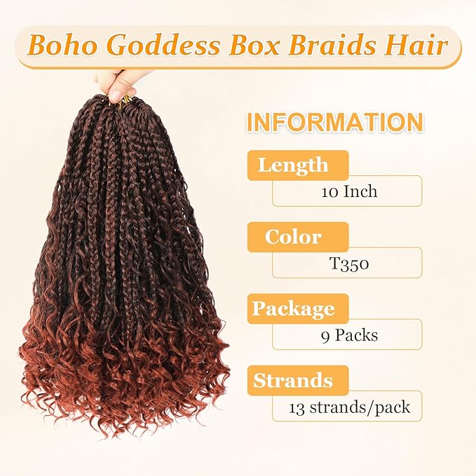 9 Packs Goddess Box Braids Crochet Hair Boho Crochet Box-Braids With Curly Ends Crochet-Hair For Black Women, 10 Inch Pre Looped Bohemian Box Braiding (10Inch 9 Packs,T350#)