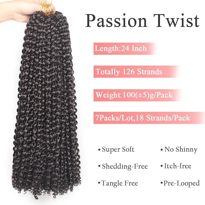Leeven 24 Inch Black Water Wave Passion Twist Crochet Braiding Hair 7 Packs Long Bohemian Passion Twists Hair for Butterfly Locs Hot Water Setting Synthetic Crochet Braids Hair for Women 2#