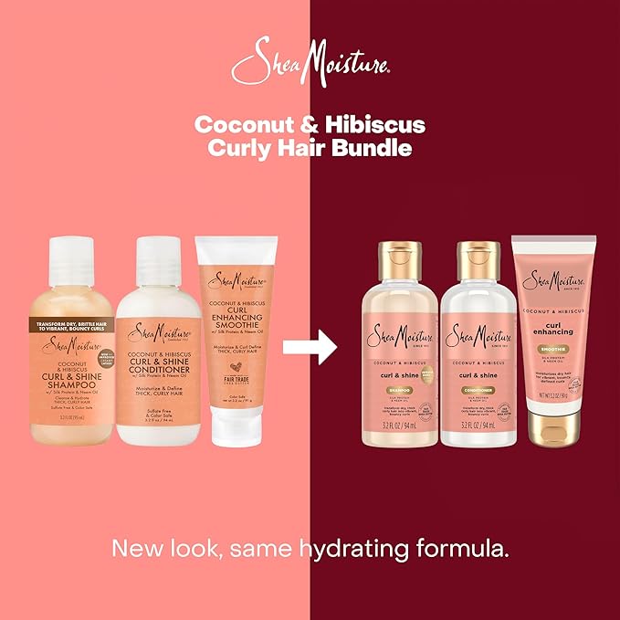 SheaMoisture Travel Essentials Hair Care Bundle, Coconut & Hibiscus Curl & Shine Shampoo & Conditioner + Curl Enhancing Smoothie for Bouncy Curls, Frizz Control, 3.2 Oz Ea