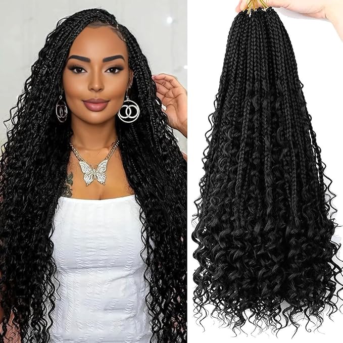 20 Inch Goddess Box Braids Crochet hair for Black Women 8 Packs 3X Boho Crochet Braids Curly Ends Synthetic Braiding Hair Extension 1B