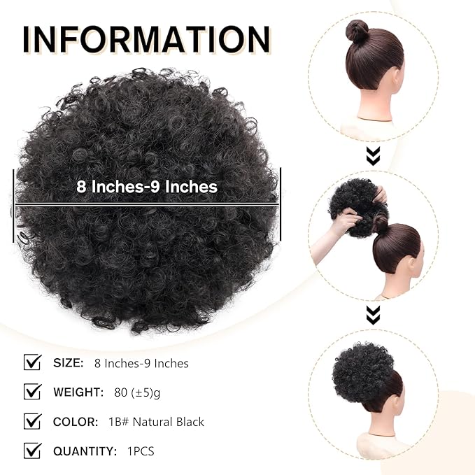 AISI QUEENS Afro Puff Drawstring Ponytail Synthetic Short Afro Kinkys Curly Afro Bun Extension Hairpieces Updo Hair Extensions with Two Clips Natural Black Large Size(1B#)