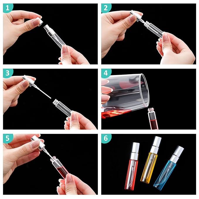 Zhehao 50 Pcs Mini Spray Bottles 5 ml Clear Glass Perfume Bottles Refillable Fine Mist Perfume Atomizer Portable Empty Sample Containers for Cleaning, Essential Oils, Travel (Silver Cap)