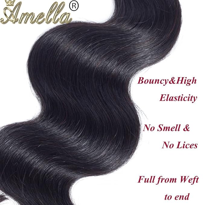 Amella Hair 100% Unprocessed Virgin Brazilian Human Hair Brazilian 22 20 18 inch Body Wave 3 Bundles Hair Extensions Grade 8A Remy Human Hair Bundles Natural Black Color
