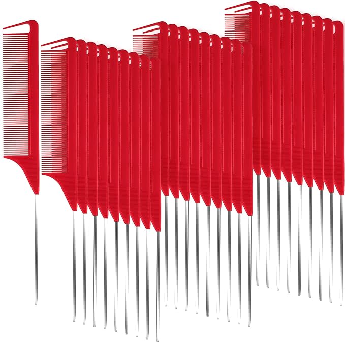Patelai 30 Pieces Rat Tail Combs Bulk, Hair Teasing Fine Tooth Pintail Combs Braiding Hair Styling Tools with Steel Pin for Stylists Salon Teasing Sectioning Coloring Detangling(Red)
