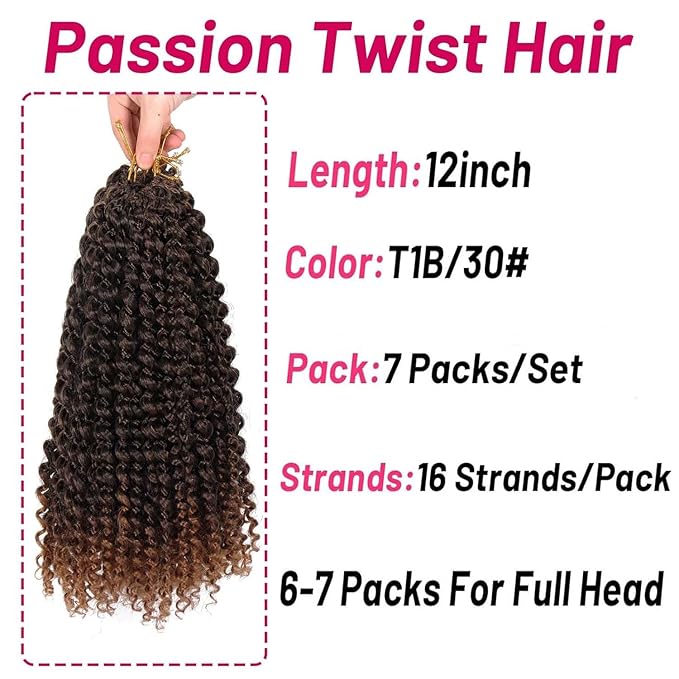 Dorsanee Ombre Brown Passion Twist Hair 12 Inch 7 Packs Water Wave Crochet Hair Long Bohemian Curly Braiding Hair for Butterfly Locs, Faux Locs, Boho Style Spring Twist Crochet Braids (T30#)