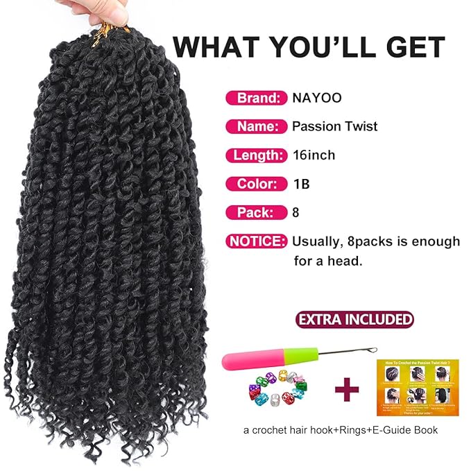 NAYOO Passion Twist Hair - 8 Packs 16 Inch Water Wave Crochet Hair,Passion Twist Crochet Hair For Women Long Passion Twists Synthetic Braiding Hair Extensions(16 Inch 8 Packs,1B)