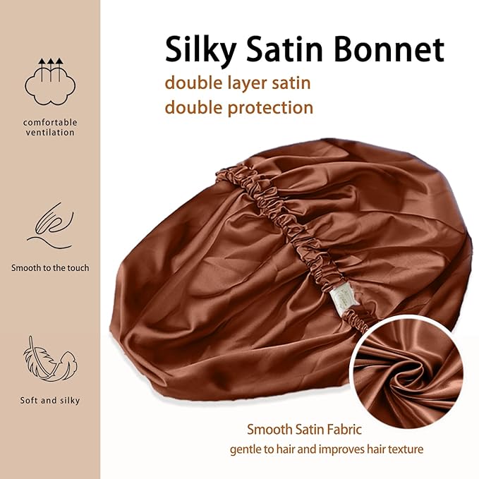 Satin Bonnet for Women,Double Layer Adjustable Sleep Cap, Soft and Silk Hair Bonnet for Curly Hair Protection, 2 Pack (Black & Brown)
