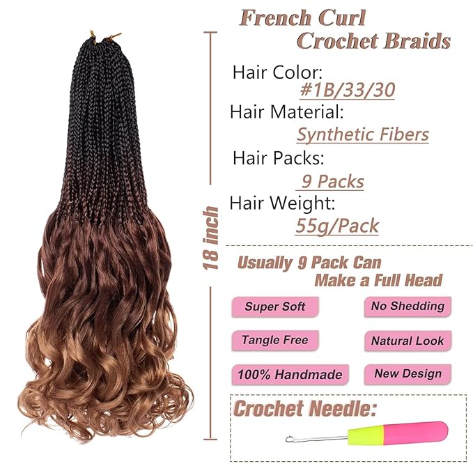 18 Inch French Curl Crochet Braids 9 Packs Ombre Brown Crochet Box Braids with Wavy Ends Pre Looped Synthetic French Curly Braiding Hair for Women