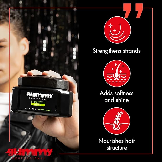 Gummy Professional Hair Gel – Maximum Hold with Keratin – Extreme Styling for Slick Back, Curly & Wet Look Hairstyles – Long-Lasting Hold & Shine – 700 ml / 23.5 fl. oz