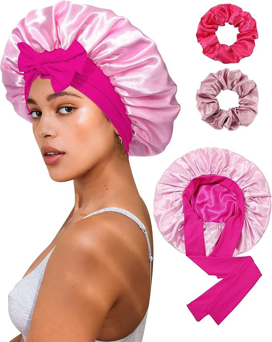 Reversible Satin Bonnet for Sleeping Women Double Layer Hair Bonnet with 2PCS Hair Scrunchies Elastic Tie Band Night Cap