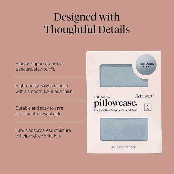 Kitsch Satin Pillowcase with Zipper for Hair & Skin, Softer Than Silk Pillow Cases Queen, Wrinkle-Free, Smooth and Cooling Satin Pillow Covers, Standard Size 19"x26", Haze Blue